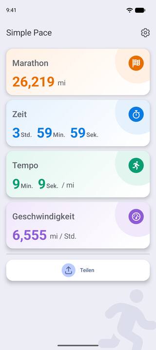 Simple Pace auf einem Android-Handy: ein Marathon über 26,219 Meilen mit einer Zielzeit von 3:59:59, bei 9:09 pro Meile und 6,555 Meilen pro Stunde, darunter die Schaltfläche Teilen.