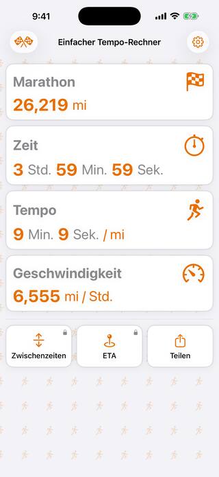 Simple Pace Calculator auf dem iPhone: ein Marathon über 26,219 Meilen mit einer Zielzeit von 3:59:59, bei 9:09 pro Meile und 6,555 Meilen pro Stunde, darunter die Werkzeuge Zwischenzeiten, ETA und Teilen.