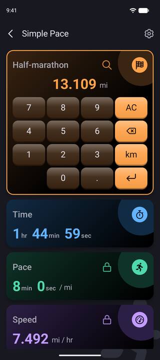 The distance card open in dark mode with the number pad, entering a half-marathon of 13.109 miles while the pace is held at 8:00 per mile and the time reads 1:44:59.