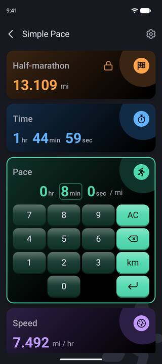 The pace card open in dark mode with the number pad, entering 8:00 per mile for a half-marathon that finishes in 1:44:59.