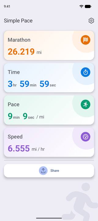 Simple Pace on an Android phone showing a marathon of 26.219 miles finishing in 3 hours 59 minutes 59 seconds, at 9 minutes 9 seconds per mile and 6.555 miles per hour, with the Share button below.