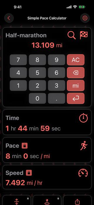 The distance card open in dark mode with the number pad, entering a half-marathon of 13.109 miles while the pace is held at 8:00 per mile and the time recalculates to 1:44:59.