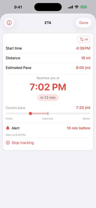 The ETA tool tracking a runner 18 miles into a course at 8:00 per mile, showing their arrival time, a live countdown reading 12 minutes, a pace gauge, and an alert set for 10 minutes before. A Pro tool.