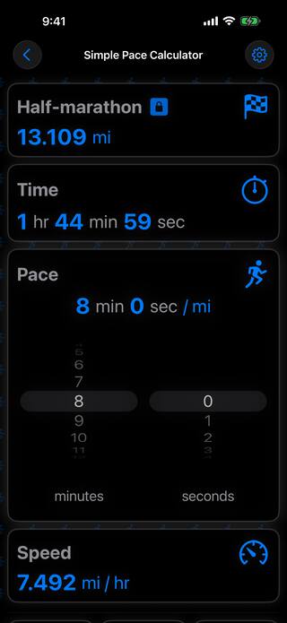 The pace card open in dark mode with minute and second wheels set to 8:00 per mile, giving a half-marathon finish of 1:44:59.