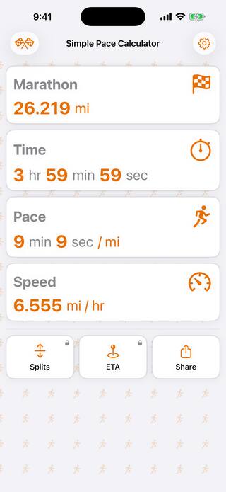 Simple Pace Calculator on iPhone showing a marathon of 26.219 miles finishing in 3:59:59, at 9:09 per mile and 6.555 miles per hour, with the Splits, ETA and Share tools below.
