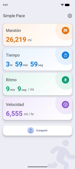 Simple Pace en un teléfono Android mostrando un maratón de 26,219 millas terminado en 3 horas, 59 minutos y 59 segundos, a 9 minutos y 9 segundos por milla y 6,555 millas por hora, con el botón Compartir debajo.