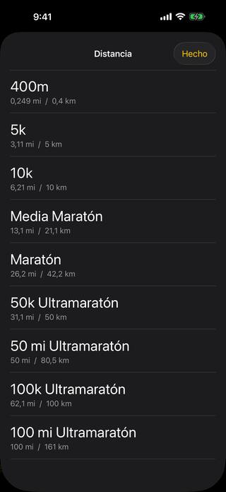 La lista de distancias de carrera: 400m, 5k, 10k, media maratón, maratón y los ultramaratones de 50k, 50 millas, 100k y 100 millas, cada una con sus millas y sus kilómetros.