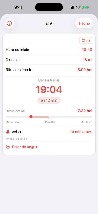 La herramienta ETA siguiendo a un corredor que lleva 18 millas de recorrido a 8:00 por milla, con su hora de llegada, una cuenta atrás en directo que marca 12 minutos, un indicador de ritmo y un aviso configurado para 10 minutos antes. Una herramienta Pro.