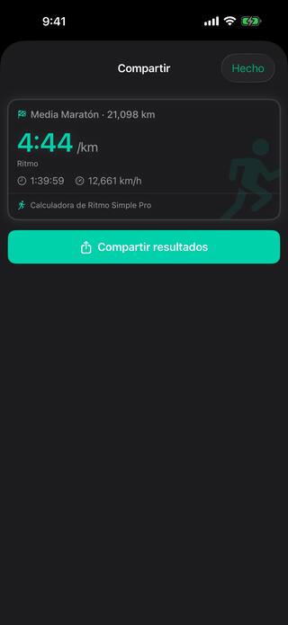 La herramienta Compartir con una tarjeta de resultados de una media maratón de 21,098 km: 4:44 por kilómetro, una llegada en 1:39:59 y 12,661 km por hora, lista para enviar.