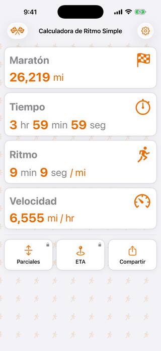 Simple Pace Calculator en iPhone mostrando un maratón de 26,219 millas terminado en 3:59:59, a 9:09 por milla y 6,555 millas por hora, con las herramientas Parciales, ETA y Compartir debajo.