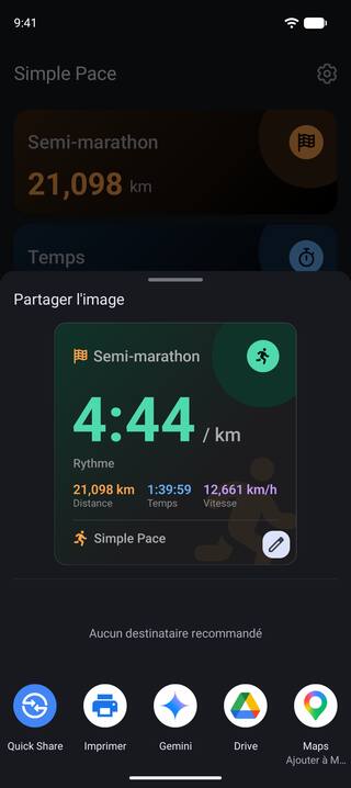 Le menu de partage d'Android avec une carte de résultats pour un semi-marathon de 21,098 km : 4:44 par kilomètre, une arrivée en 1:39:59 et 12,661 km par heure.