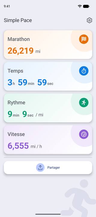 Simple Pace sur un téléphone Android, affichant un marathon de 26,219 miles terminé en 3 heures 59 minutes 59 secondes, à 9 minutes 9 secondes par mile et 6,555 miles par heure, avec le bouton Partager en dessous.