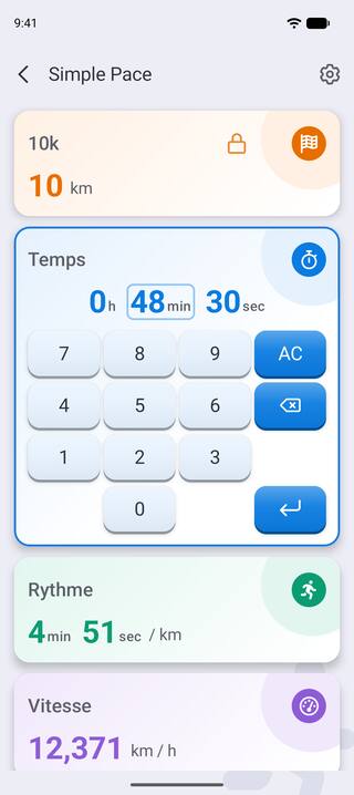 La carte Temps ouverte avec le pavé numérique, pour saisir 48 minutes 30 secondes sur un 10k, ce qui met le rythme à jour à 4:51 par kilomètre.