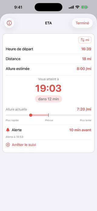 L'outil ETA suivant un coureur à 18 miles sur le parcours, à 8:00 par mile, avec son heure d'arrivée, un compte à rebours en direct affichant 12 minutes, une jauge d'allure et une alerte réglée 10 minutes avant. Un outil Pro.