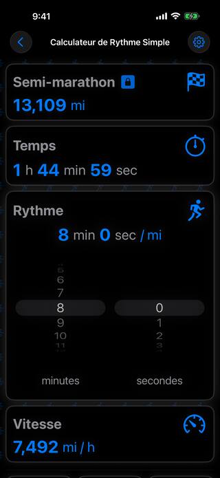 La carte Rythme ouverte en mode sombre, avec les molettes de minutes et de secondes réglées sur 8:00 par mile, ce qui donne un semi-marathon terminé en 1:44:59.