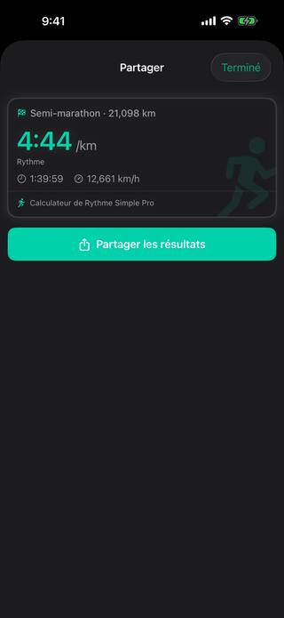 L'outil Partager avec une carte de résultats pour un semi-marathon de 21,098 km : 4:44 par kilomètre, une arrivée en 1:39:59 et 12,661 km par heure, prête à être envoyée.