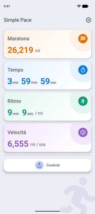 Simple Pace su un telefono Android che mostra una maratona di 26,219 miglia con arrivo in 3 ore 59 minuti e 59 secondi, a 9 minuti e 9 secondi al miglio e 6,555 miglia all'ora, con il pulsante Condividi qui sotto.