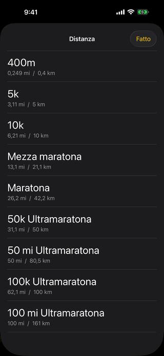 L'elenco delle distanze di gara: 400m, 5k, 10k, mezza maratona, maratona e le ultramaratone da 50k, 50 miglia, 100k e 100 miglia, ognuna con miglia e chilometri.