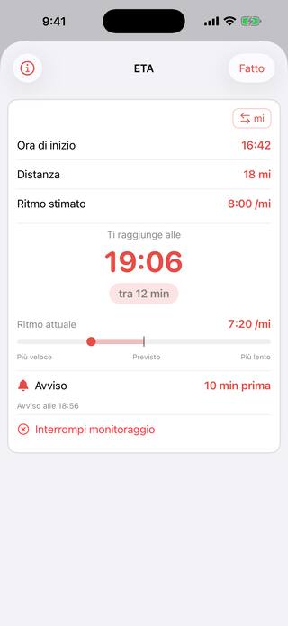 Lo strumento ETA che segue un corridore a 18 miglia dalla partenza del percorso, a 8:00 al miglio, con il suo orario di arrivo, un conto alla rovescia in tempo reale che segna 12 minuti, un indicatore del ritmo e un avviso impostato 10 minuti prima. Uno strumento Pro.