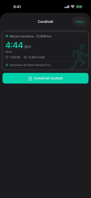 Lo strumento Condividi con una scheda dei risultati per una mezza maratona di 21,098 km: 4:44 al chilometro, un arrivo in 1:39:59 e 12,661 km all'ora, pronta da inviare.
