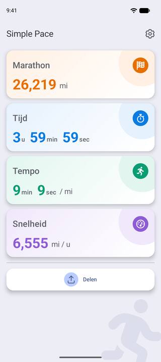 Simple Pace op een Android-telefoon met een marathon van 26,219 mijl die in 3 uur 59 minuten en 59 seconden wordt gelopen, op 9 minuten en 9 seconden per mijl en 6,555 mijl per uur, met daaronder de knop Delen.