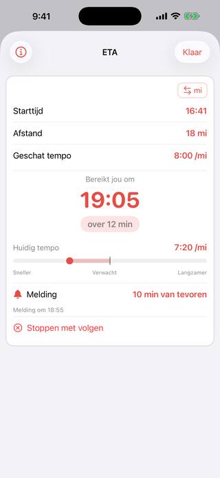 De ETA-tool volgt een hardloper die 18 mijl van je vandaan op het parcours zit en 8:00 per mijl loopt, met de aankomsttijd, een live teller die op 12 minuten staat, een tempometer en een melding die is ingesteld op 10 minuten van tevoren. Een Pro-tool.