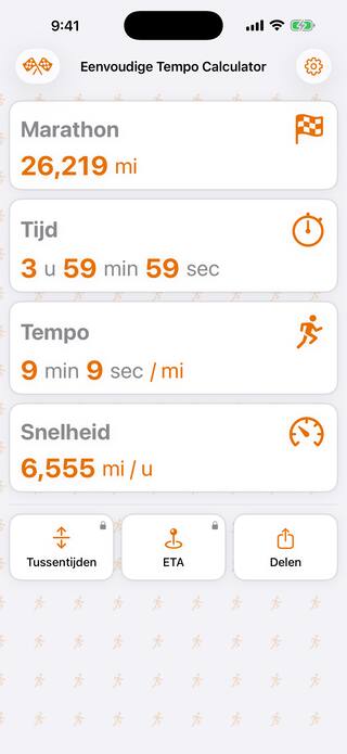 Simple Pace Calculator op de iPhone met een marathon van 26,219 mijl die in 3:59:59 wordt gelopen, op 9:09 per mijl en 6,555 mijl per uur, met daaronder de tools Tussentijden, ETA en Delen.