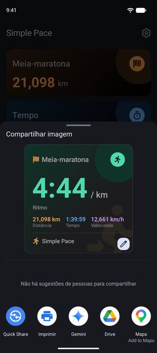 A tela de compartilhamento do Android com um cartão de resultados de uma meia-maratona de 21,098 km: 4:44 por quilômetro, chegada em 1:39:59 e 12,661 km por hora.