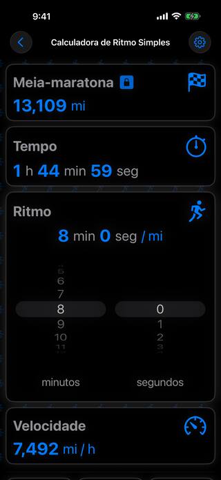 O cartão de ritmo aberto no modo escuro com as rodas de minutos e segundos ajustadas em 8:00 por milha, dando uma chegada de meia-maratona em 1:44:59.
